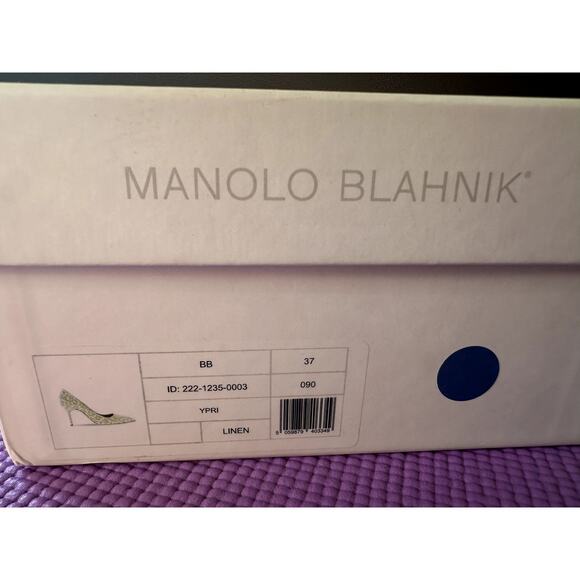 $745 Manolo Blahnik Pumps Size 37 EU 7 US NEW White Green Linen Limes - Picture 7 of 12